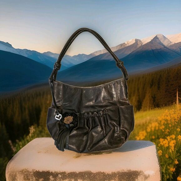 Retired Brighton Jen Leather Bucket Handbag Purse Flower Fringe Distressed Brown - Picture 3 of 16
